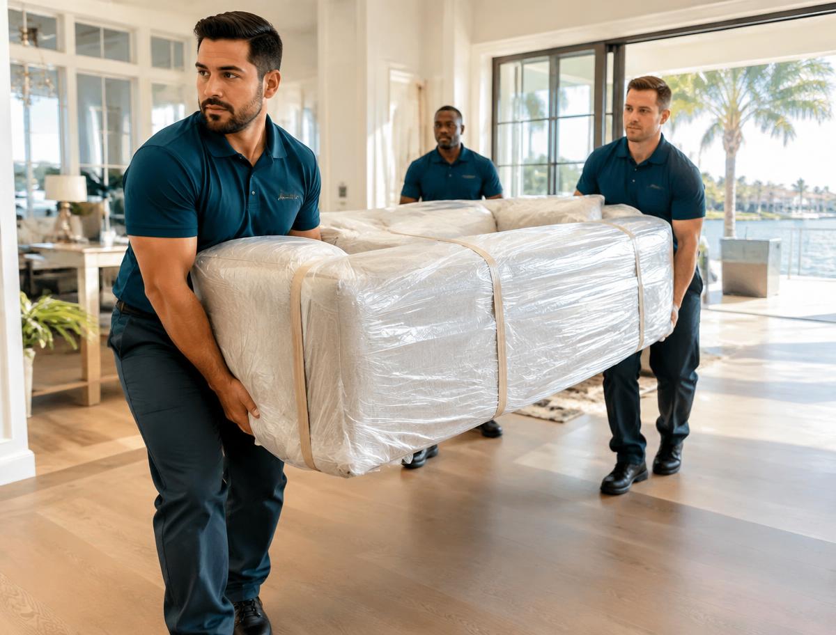 All Roads Express crew carrying a wrapped sofa
