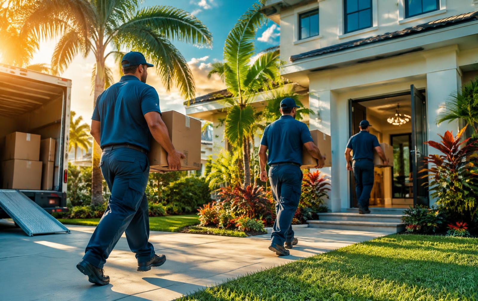 Movers carrying boxes into a Florida home