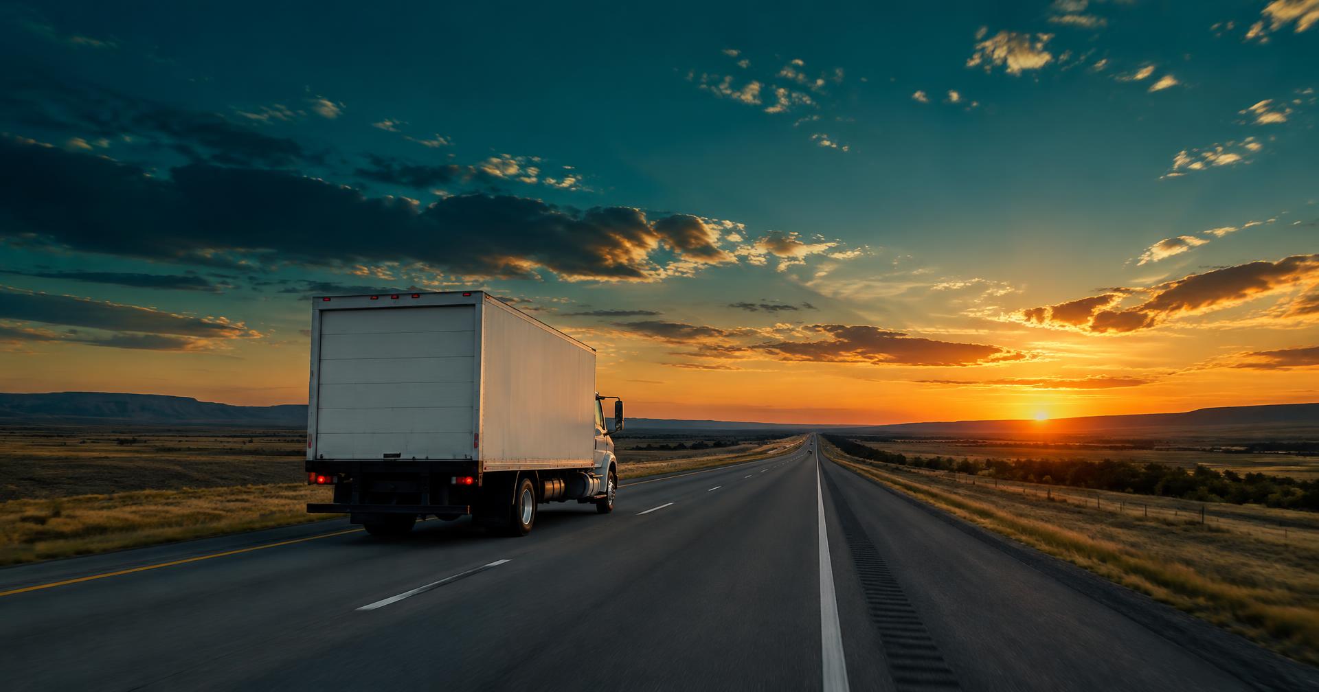Moving truck on an open interstate at sunset