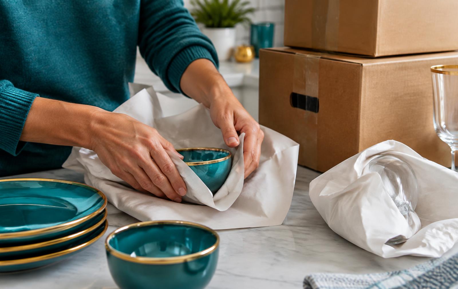 Hands wrapping dishes in packing paper